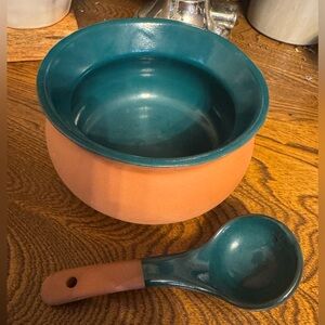 VTG Mexican Fiesta Teal and Terracotta Bowl with Ladle for dip, salsa, sauces